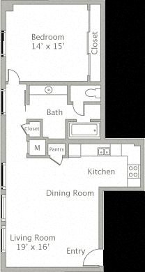 Floor plan for 1 bed, 1 bath, 906 sqft