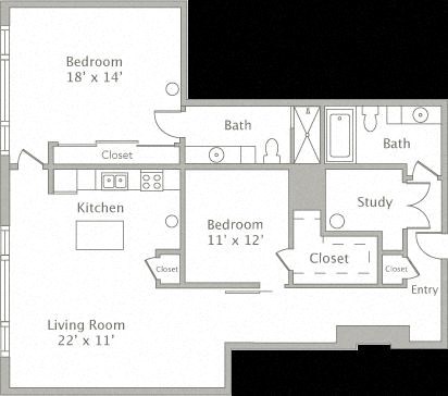 Floor plan for 2 beds, 2 baths, 1447 sqft