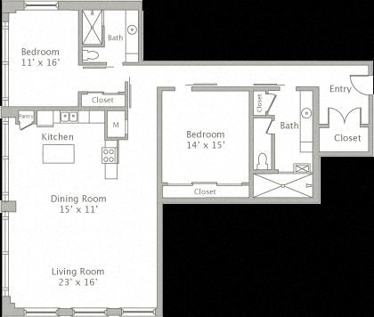 Floor plan for 2 beds, 2 baths, 1750 sqft