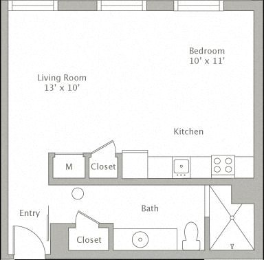 Floor plan for studio, 1 bath, 544 sqft