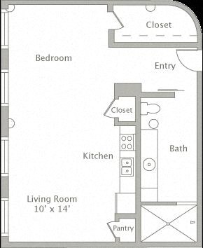 Floor plan for 1 bed, 1 bath, 642 sqft