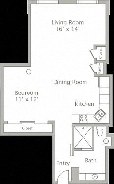 Floor plan for studio, 1 bath, 690 sqft