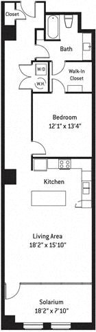 Floor plan for 1 bed, 1 bath, 1210 sqft