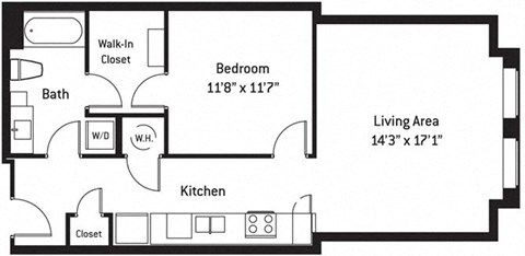 Floor plan for 1 bed, 1 bath, 763 sqft