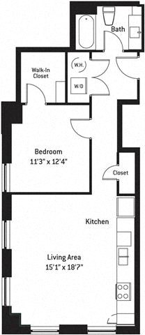 Floor plan for 1 bed, 1 bath, 787 sqft