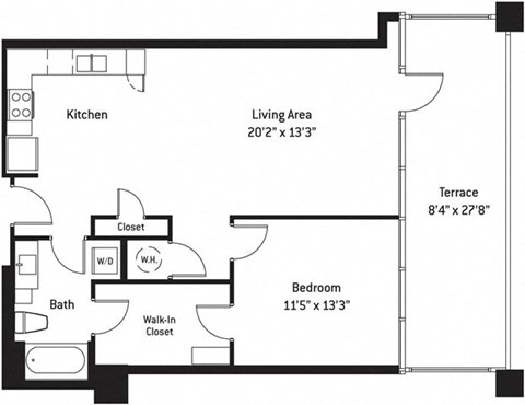 Floor plan for 1 bed, 1 bath, 829 sqft