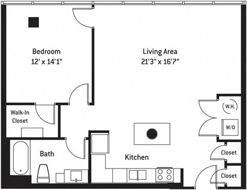 Floor plan for 1 bed, 1 bath, 870 sqft