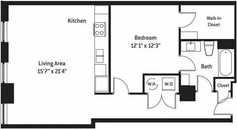 Floor plan for 1 bed, 1 bath, 882 sqft