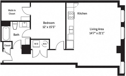 Floor plan for 1 bed, 1 bath, 884 sqft