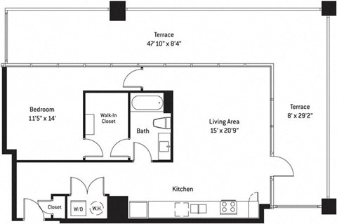 Floor plan for 1 bed, 1 bath, 926 sqft