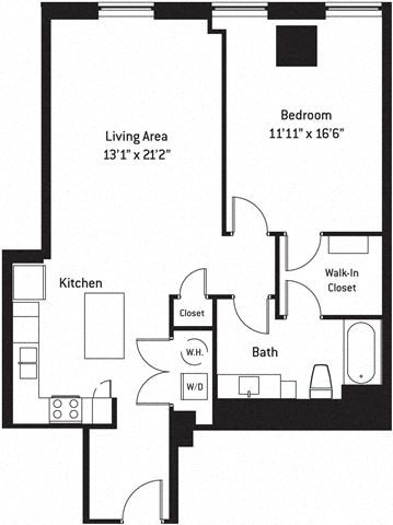 Floor plan for 1 bed, 1 bath, 928 sqft