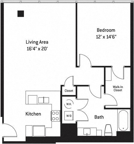 Floor plan for 1 bed, 1 bath, 953 sqft