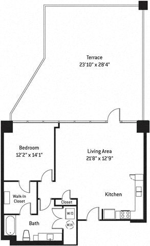 Floor plan for 1 bed, 1 bath, 960 sqft