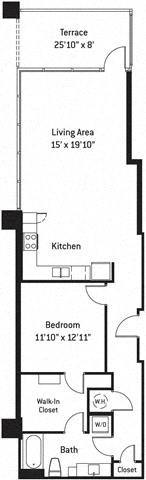 Floor plan for 1 bed, 1 bath, 968 sqft