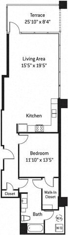 Floor plan for 1 bed, 1 bath, 970 sqft