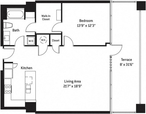 Floor plan for 1 bed, 1 bath, 985 sqft