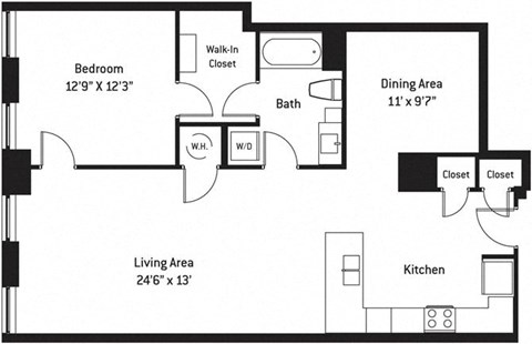 Floor plan for 1 bed, 1 bath, 1022 sqft