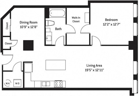 Floor plan for 1 bed, 1 bath, 1048 sqft
