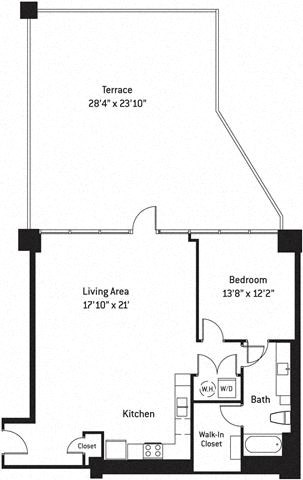 Floor plan for 1 bed, 1 bath, 1073 sqft