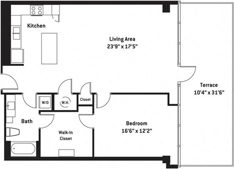 Floor plan for 1 bed, 1 bath, 1077 sqft