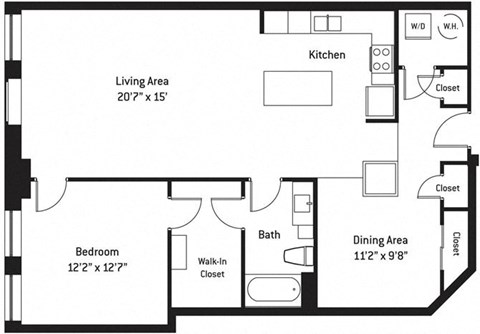 Floor plan for 1 bed, 1 bath, 1122 sqft