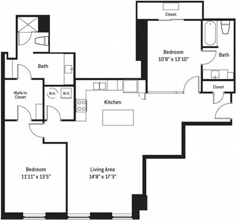 Floor plan for 2 beds, 2 baths, 1315 sqft