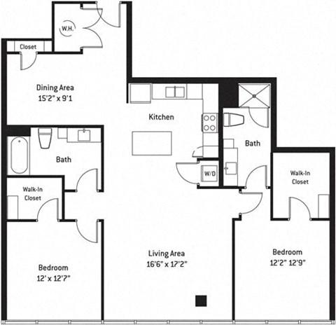 Floor plan for 2 beds, 2 baths, 1385 sqft