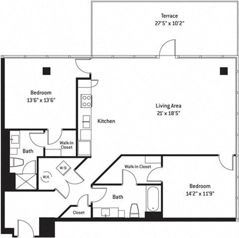 Floor plan for 2 beds, 2 baths, 1411 sqft