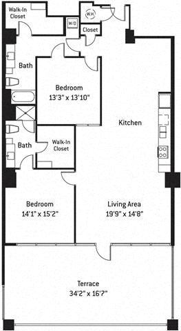 Floor plan for 2 beds, 2 baths, 1621 sqft