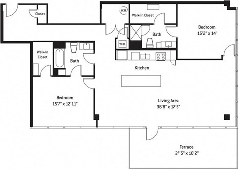 Floor plan for 2 beds, 2 baths, 1704 sqft