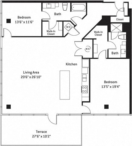 Floor plan for 2 beds, 2 baths, 1726 sqft