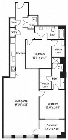 Floor plan for 2 beds, 2 baths, 1728 sqft