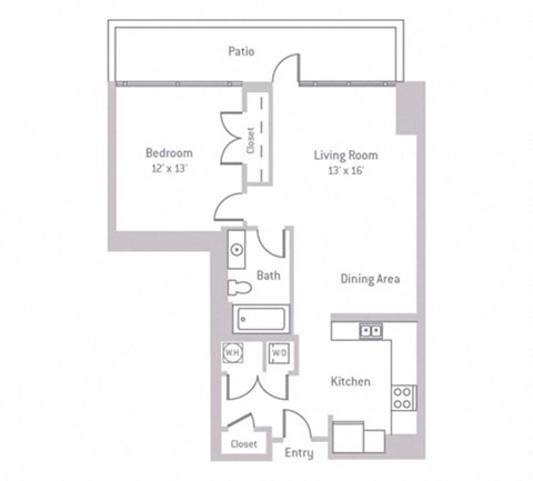 Floor plan for 1 bed, 1 bath, 708 sqft