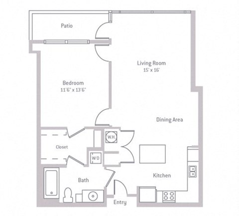 Floor plan for 1 bed, 1 bath, 772 sqft