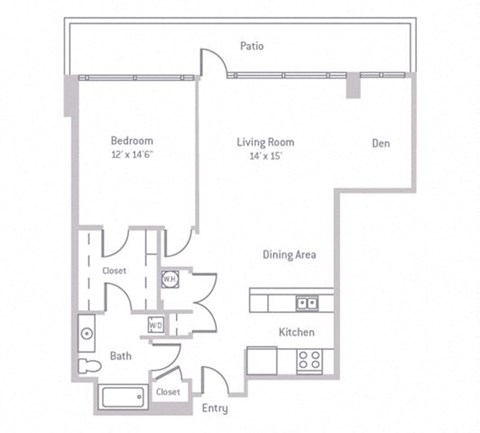 Floor plan for 1 bed, 1 bath, 917 sqft
