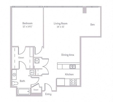 Floor plan for 1 bed, 1 bath, 917 sqft