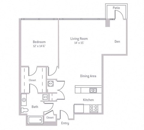 Floor plan for 1 bed, 1 bath, 917 sqft