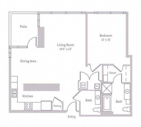 Floor plan for 1 bed, 1 bath, 1043 sqft