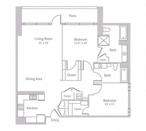 Floor plan for 2 beds, 2 baths, 1166 sqft