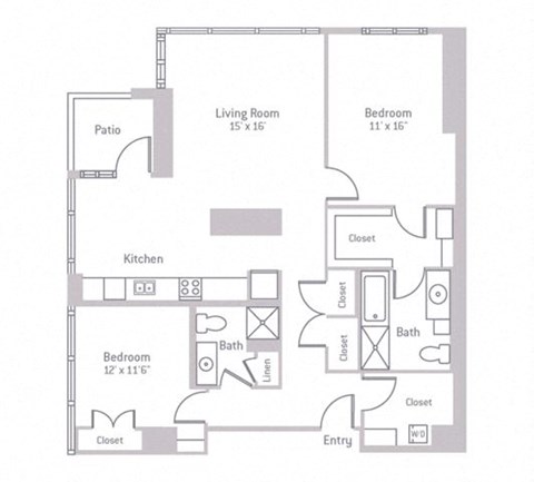 Floor plan for 2 beds, 2 baths, 1257 sqft
