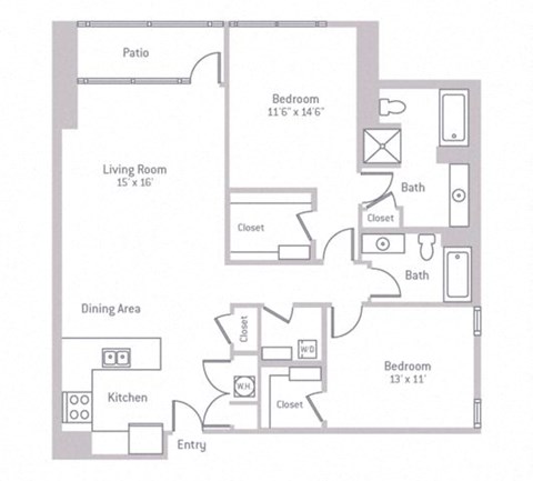 Floor plan for 2 beds, 2 baths, 1270 sqft