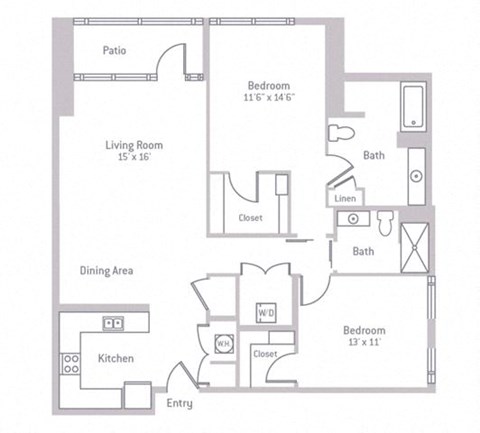 Floor plan for 2 beds, 2 baths, 1270 sqft
