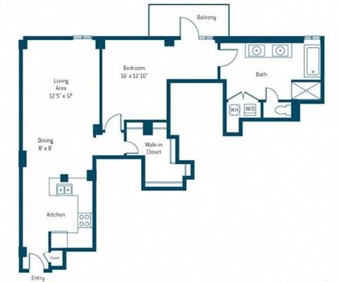 Floor plan for 1 bed, 1 bath, 944 sqft