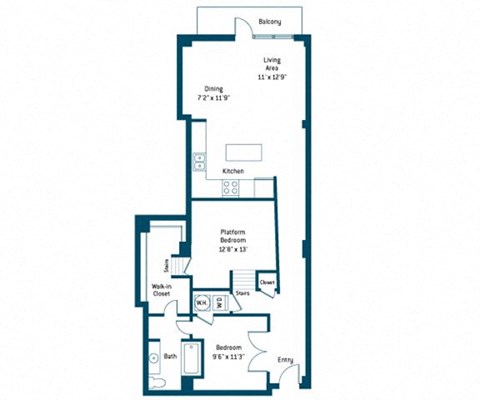 Floor plan for 1 bed, 1 bath, 971 sqft