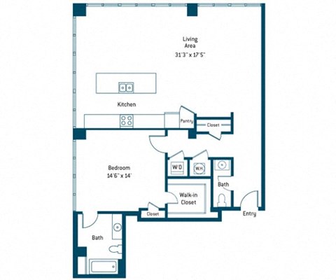 Floor plan for 1 bed, 1.5 baths, 1205 sqft