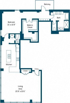 Floor plan for 1 bed, 1.5 baths, 1489 sqft