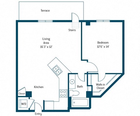 Floor plan for 1 bed, 1 bath, 713 sqft