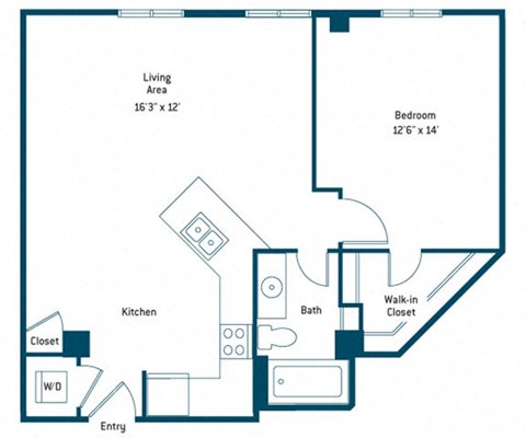 Floor plan for 1 bed, 1 bath, 713 sqft