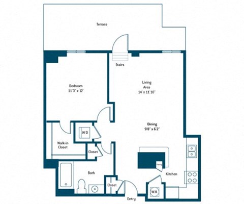 Floor plan for 1 bed, 1 bath, 717 sqft
