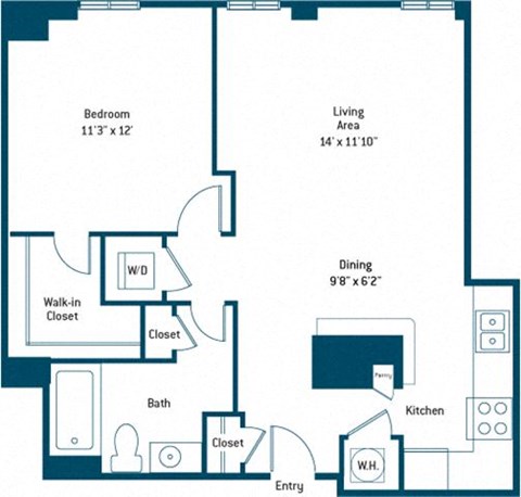 Floor plan for 1 bed, 1 bath, 717 sqft